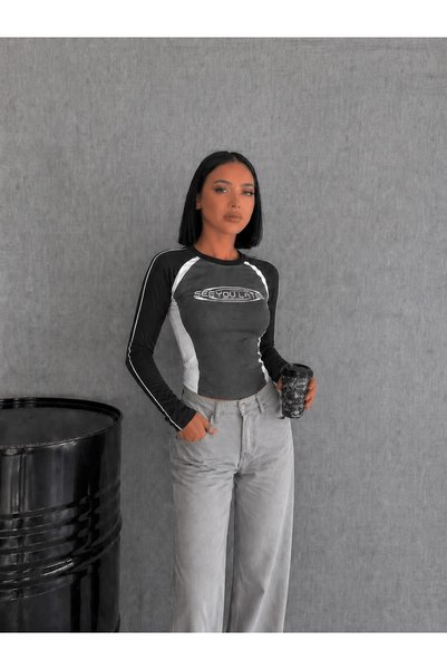 SERBA Bluză crop cu mânecă lungă, slim fit, cu detalii contrastante pentru femei
