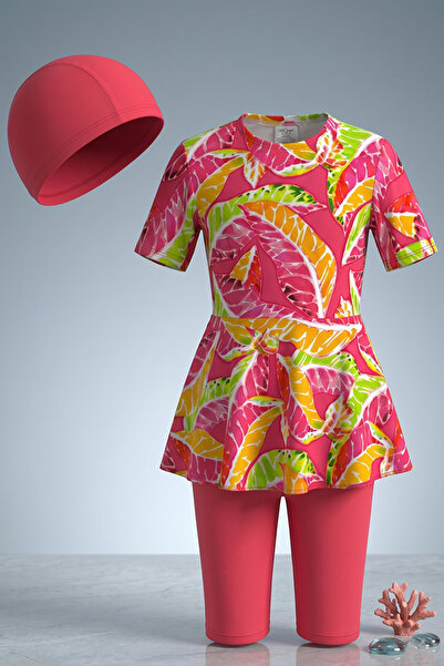 CUPSEA Κοριτσίστικο μαγιό τριών τεμαχίων με κοντό μανίκι, φούστα και κολάν