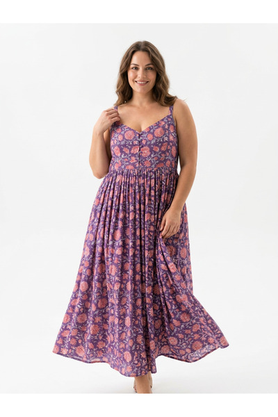 OEM Μακρύ αμάνικο φόρεμα από βαμβάκι με χειροποίητη στάμπα