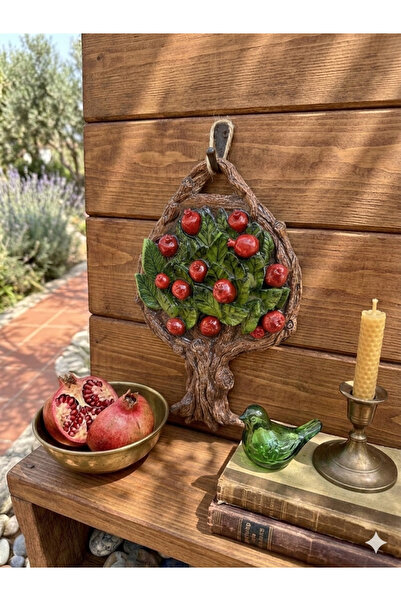 Ahşap Evi El Yapımı Seramik Nar Bereket Ağacı Duvar Süsü 28x18 Cm-Dekoratif Ş...