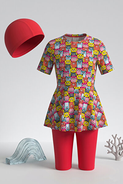 CUPSEA Κοριτσίστικο μαγιό τριών τεμαχίων με κοντό μανίκι, φούστα και κολάν