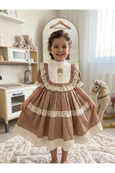 Sare Çocuk Giyim Girl's Light Brown Vintage Cotton Lace-Up Birthday Dress + B...