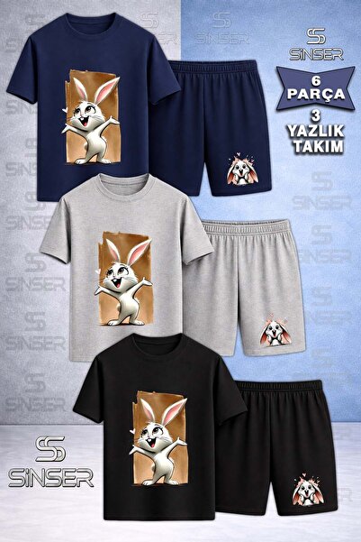 SS SİNSER Children's Tavsan Canvas Brown Printed Crew Neck 3-Piece T-Shirt - ...