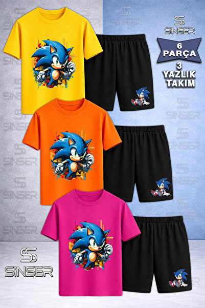 SS SİNSER Children's Snic Half Fist Printed Crew Neck 3-Piece T-Shirt - Short...