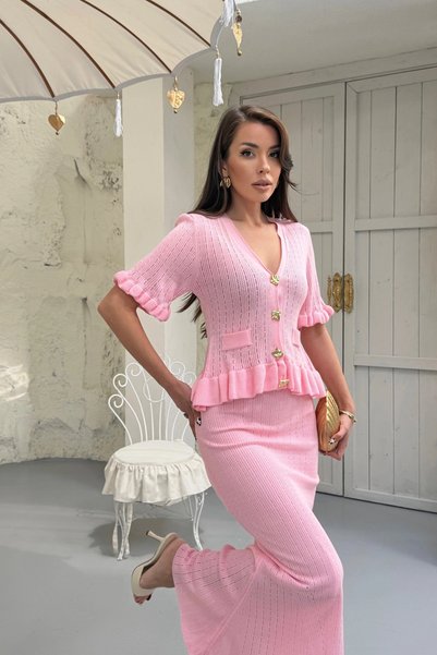 Lusin Women's Pink Flywheel Detailed V-Neck Blouse Midi Skirt Bottom Top Double Summer Fabric Knitwear Set (Size S)
