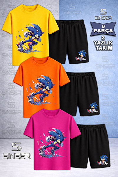 SS SİNSER Children's Snic Kosan Painted Printed Crew Neck 3-Piece T-Shirt - S...