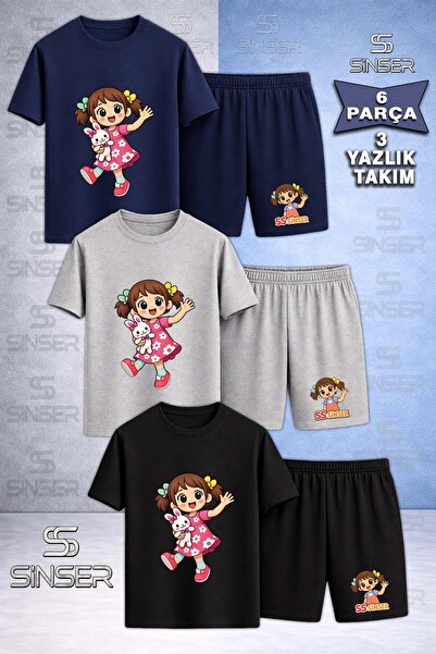 SS SİNSER Children's Sinser Girls' Toy on the Arm Printed Crew Neck 3-Piece T...
