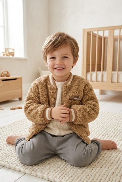 BABYİLAY Baby & Kids Teddy Jacket - Soft Car Embroidered Beige Zippered Cardigan