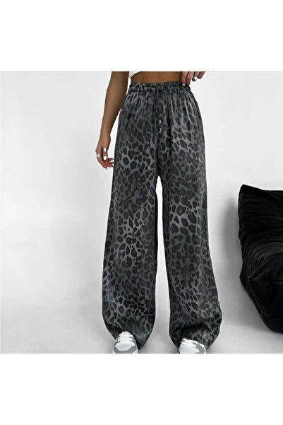 MODA GARDEN 35 BOL PAÇA PARLAK GRİ LEOPAR SATEN PANTOLON