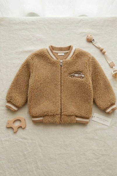 BABYİLAY Baby & Kids Teddy Jacket - Soft Car Embroidered Beige Zippered Cardigan