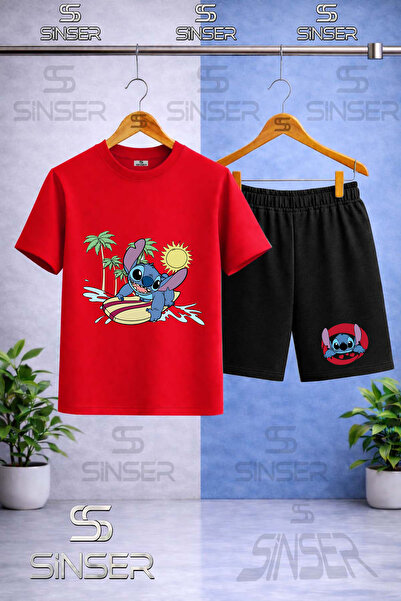 SS SİNSER تي شيرت للأطفال مطبوع عليه STIC PLAJDA SURF برقبة دائرية - طقم شورت