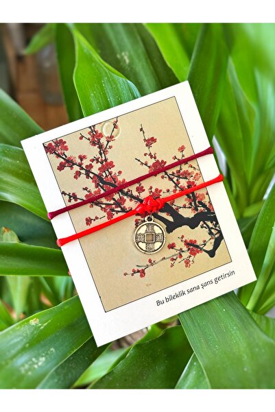 Atölye Merdiven Sakura 2li Kırmızı Bordo Feng Shui Çin Japon Şans Parası Bileklik