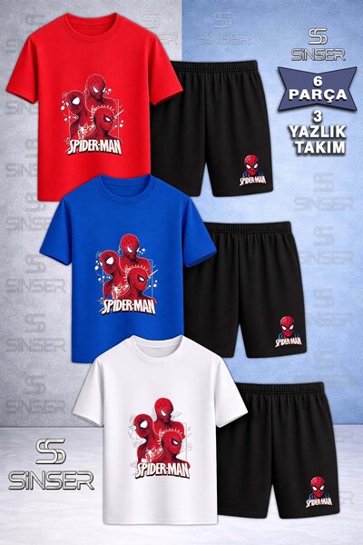 SS SİNSER Children's Orumcekman 3Lu Head White Tvl Printed Crew Neck 3L T-Shi...