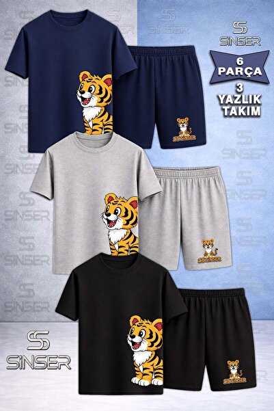 SS SİNSER Children's Sinser Kaplan Left Side Printed Crew Neck 3-Piece T-Shir...