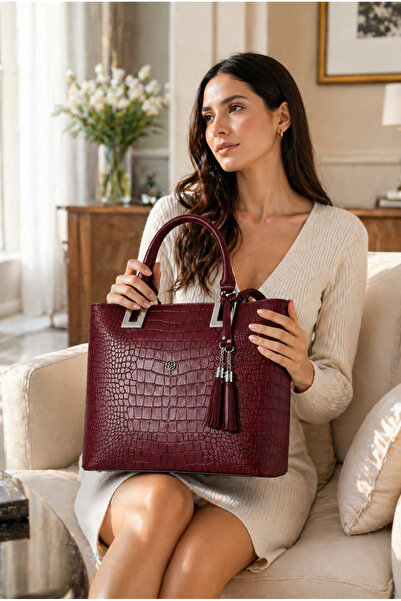 Moda Lime Γυναικεία τσάντα ώμου μπορντό με σχέδιο φιδιού και κροκόδειλου, μεγ...
