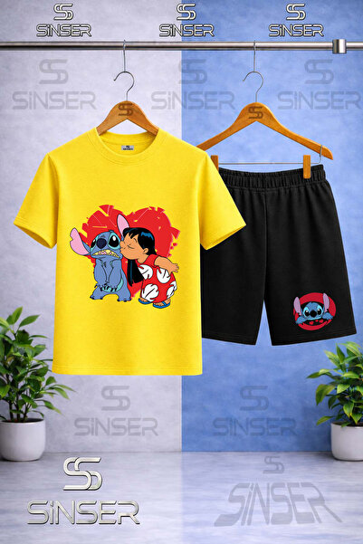 SS SİNSER Children's Stic Girls Heart-Printed Crew Neck T-Shirt - Shorts Set