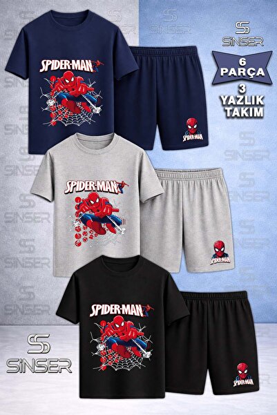 SS SİNSER Children's Orumcekman Beyaz Agli Ag Firlatan Printed Crew Neck 3-Pi...