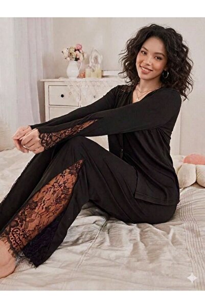 MİMİ PİJAMA Γυναικείο σετ πιτζάμες από βισκόζη με λεπτομέρειες από μαύρη δαντ...