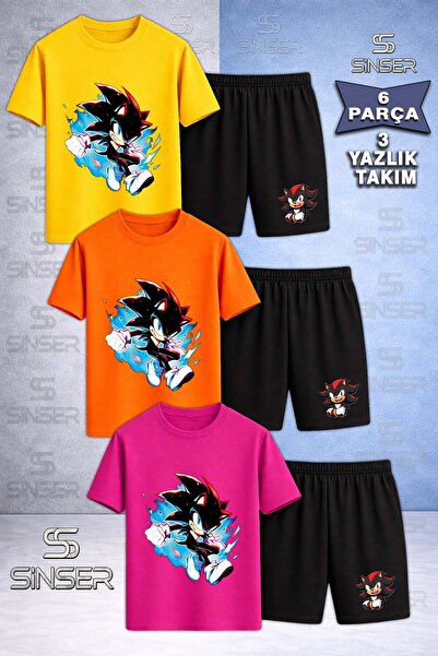 SS SİNSER Children's Snic Black Blue Canvas Printed Crew Neck 3-Piece T-Shirt...