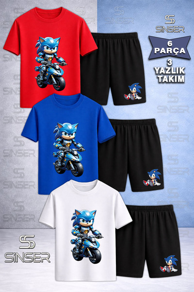 SS SİNSER Children's Snic Motora Binen Printed Crew Neck 3-Piece T-Shirt - Sh...