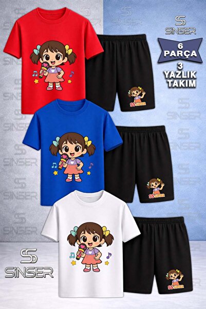 SS SİNSER Children's Sinser Girls Microphone Printed Crew Neck 3-Piece T-Shir...