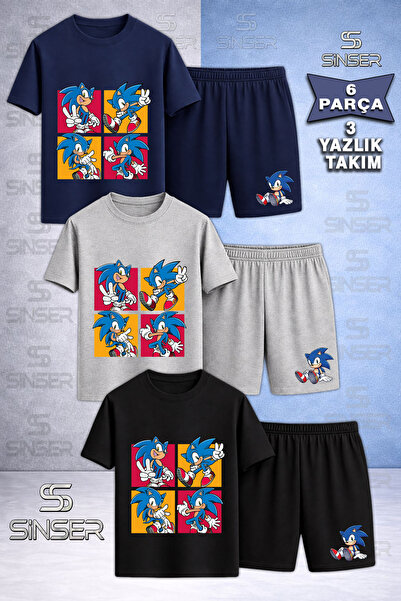 SS SİNSER Children's Snic 4Kare Foto Icinde Printed Crew Neck 3-Piece T-Shirt...