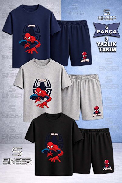 SS SİNSER Children's Orumcekman Orumcegin Onunde Printed Crew Neck 3-Piece T-...