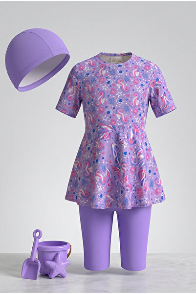 CUPSEA Κοριτσίστικο μαγιό τριών τεμαχίων με κοντό μανίκι, φούστα και κολάν