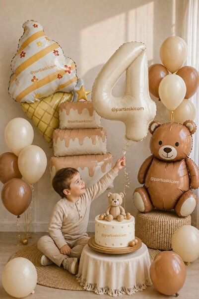 PARTİ AŞKI 4 Yaş Retro Ayıcık Temalı Konsept Doğum Günü Balon Seti & Kız Erke...
