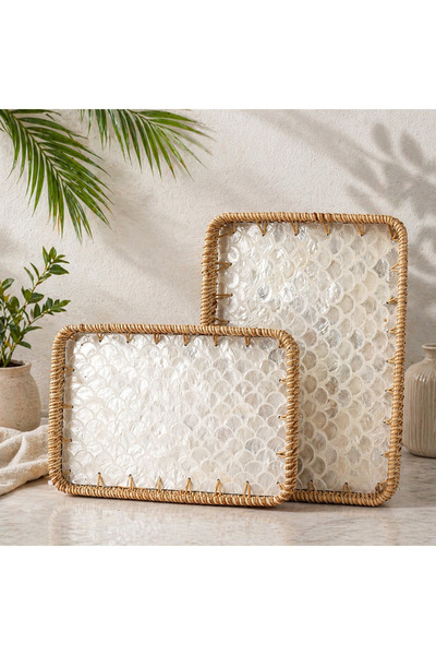LEONEV 2-Piece Rectangular Mother-Of-Pearl Tray Large Size 34X24 cm Small Siz...