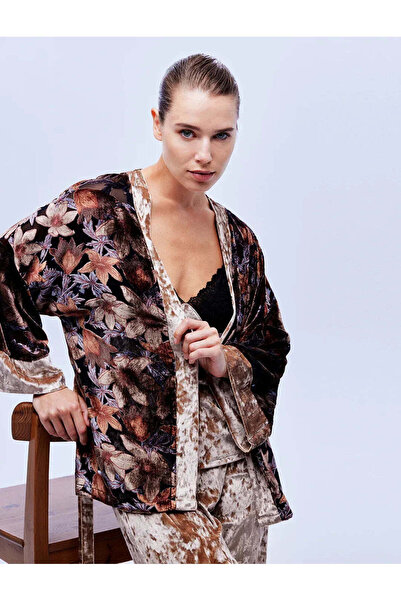 BONJOUR MADAME Bjm-1609 Παντελόνι Μπουστιέρ, Ρόμπα, Βελούδινο Σετ 3 τεμαχίων