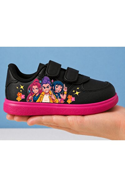 amazoondesing Pantofi sport pentru copii cu imprimeu floral, negru, roz, cu b...