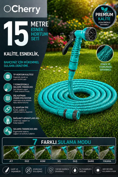 Cherry 🌿 15 Metre Esnek Hortum Seti – Güçlü, Pratik ve Dayanıklı