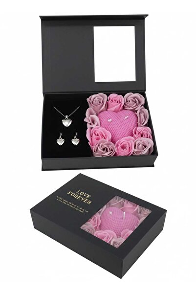 OEM Set cadou Love Forever, lumanare inima parfumata, bijuterii inima plina, 3 piese, cutie premium