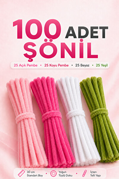 Bee Flower Shop 100 Adet Şönil Tel 30 cm Pembe Beyaz Yeşil Tüylü Hobi Teli El...