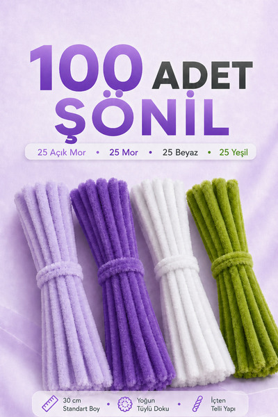 Bee Flower Shop 100 Adet Şönil Tel 30 cm Mor Açık Mor Beyaz Yeşil Tüylü Tel Ş...