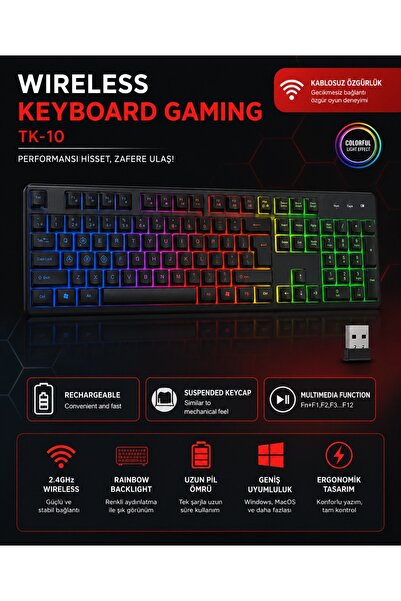 Tastech TK-10 Şarjlı Led Işıklı Kablosuz Oyuncu Klavyesi 2.4 Ghz Usb Wireless...