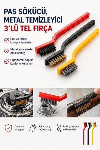 Tilbe Home 3'lü Tel Fırça Seti Çelik Yüzey Temizlik Fırçası Pas Kir Yağ Sökücü Ders Arası Ocak Temizleyici