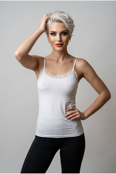 fevien Women's Thin Strap V-Neck Lace Detailed Cotton and Modal Blend Flexibl...