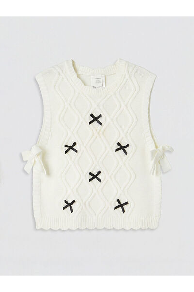 LC Waikiki Ecru Girls' Bowknot Knit Sweater