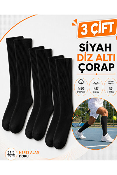 WORTHY SOCKS 3 Pack Unlined Black Cotton Washed Below Knee Tennis Sports Socks