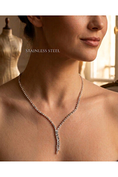stainless steell Silver Color Zircon Waterway Evening Dress Necklace
