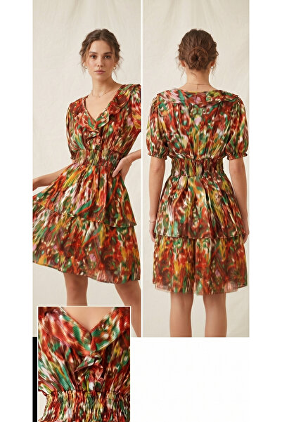 ŞERİCE Women's Multi-Colored Gipe Waist Watermelon Sleeve Layered Chiffon Dress
