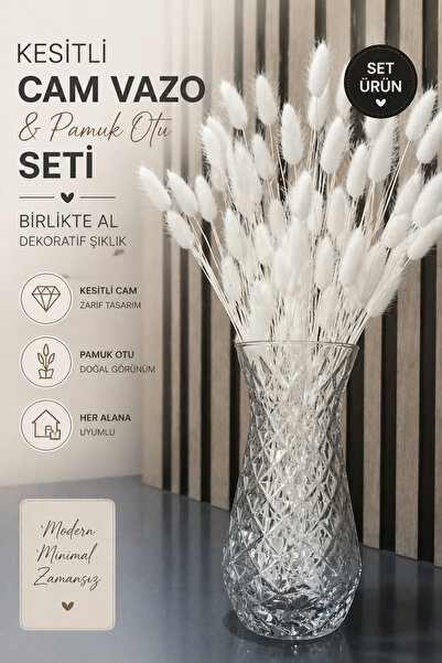 Bontia Sectional Glass Vase and Cotton Grass Set – Decorative Modern Vase, St...