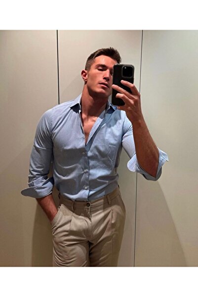 sunfyre Men's Slim Fit Narrow Cut Solid Hard Collar Long Sleeve Shirt