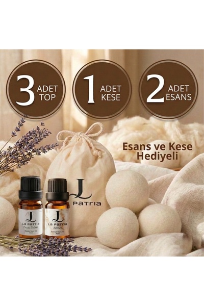 LaPatria 3 Adet Xxxl Çamaşır Yün Kurutma Topu ve Koku Seti - Kurutma Makinesi İçin -