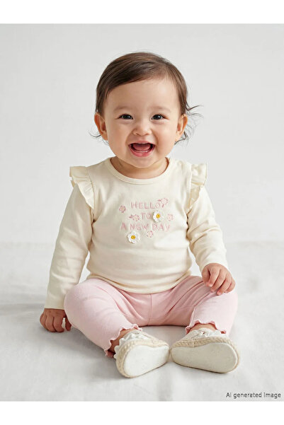 LC Waikiki LCW baby Ekru Çiçekli Kız Bebek Çıtçıtlı Body Ve Tayt
