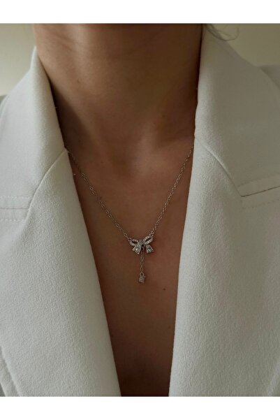 ANKA JEWELLRY Zircon Stone Bow Detail Hanging Steel Women's Necklace