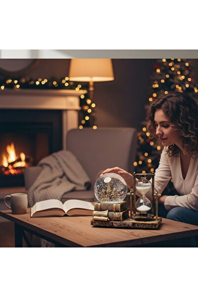hediyesahibi Kişiye Özel Nostaljik Kitap Temalı Kum Saati ve Kar Küresi Dekoratif Masa Aksesuarı