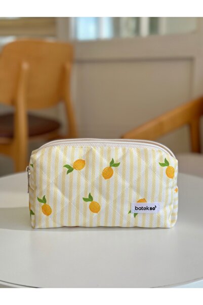 Batekso Sarı Çizgili Limon Desenli Kalem Çantası